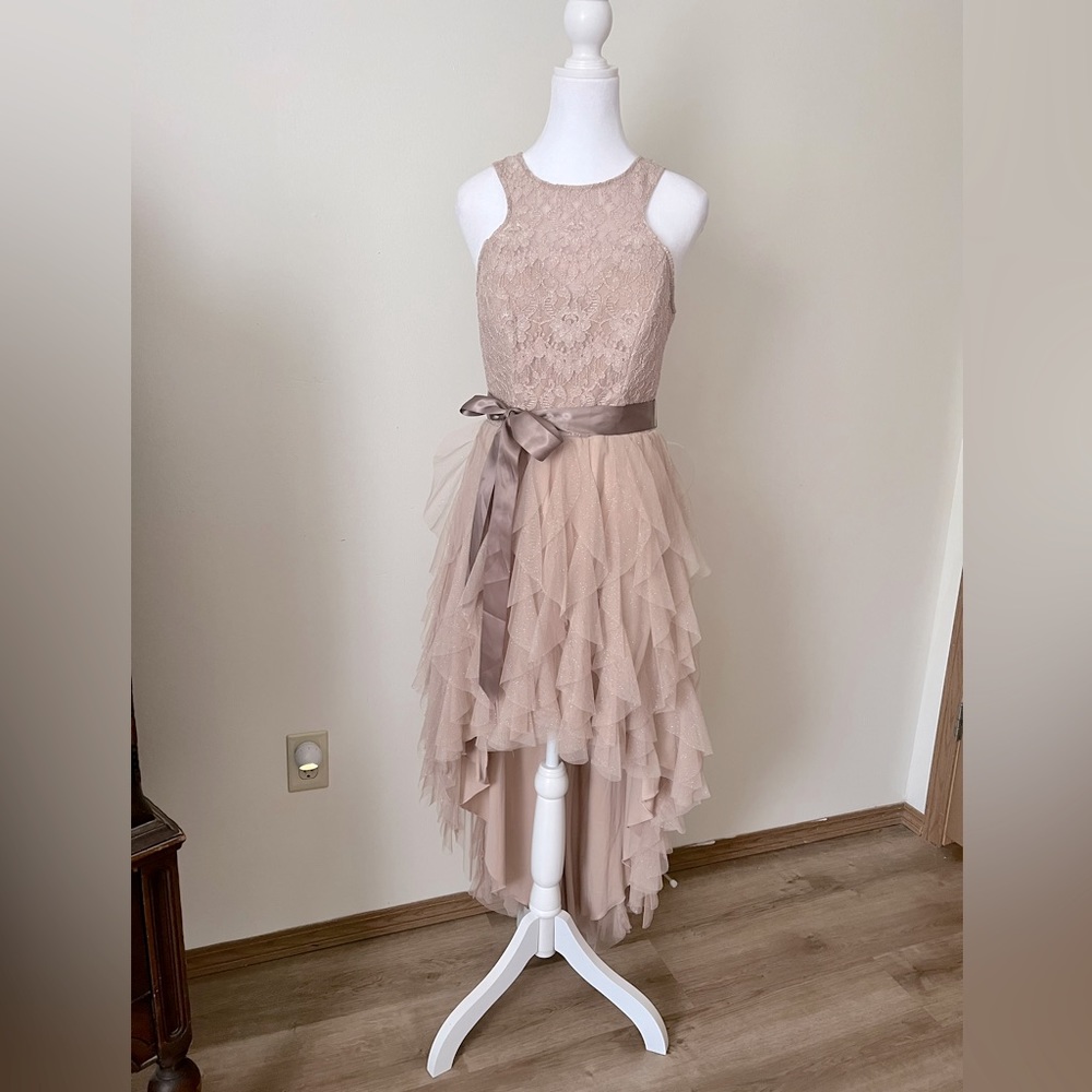 Formal dress shimmer lace overlay with a layered tooled bottom.
